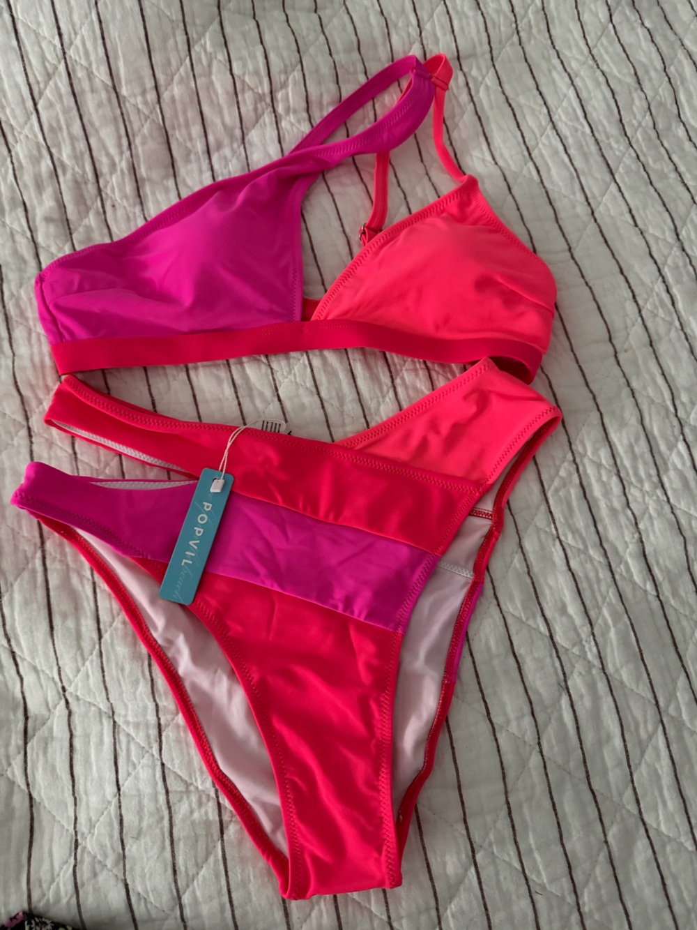 popville Pink and Hot Pink Colorblock Bikini